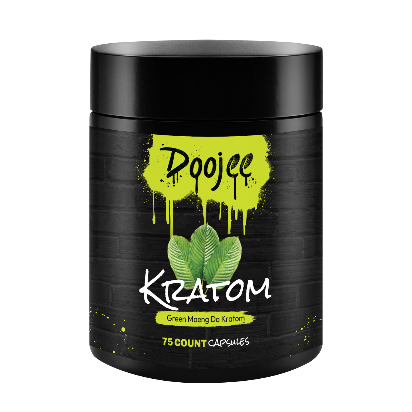 A black container with 'Kratom' and '75 count capsules' text, green splash, and leaf graphics.