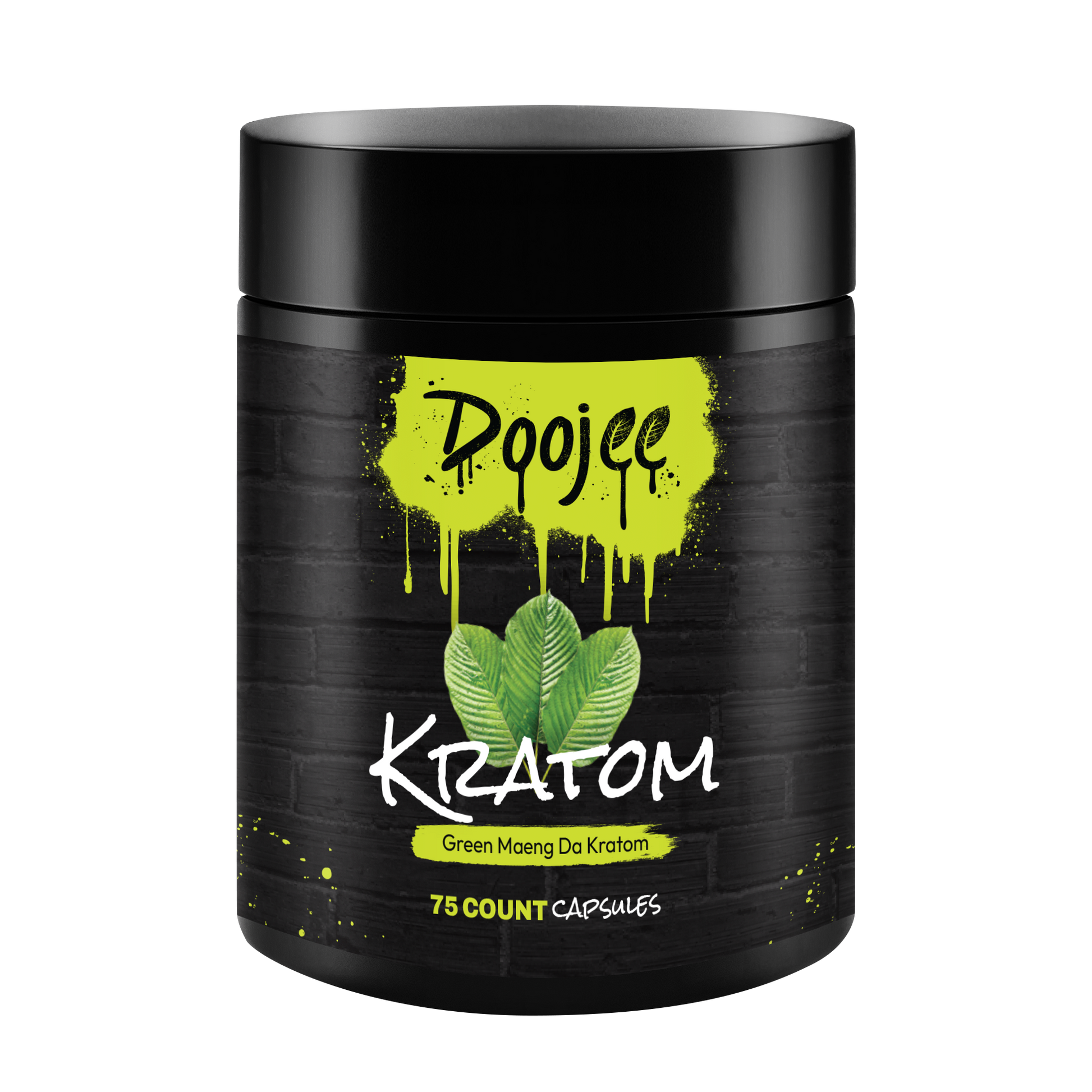 A black container with 'Kratom' and '75 count capsules' text, green splash, and leaf graphics.