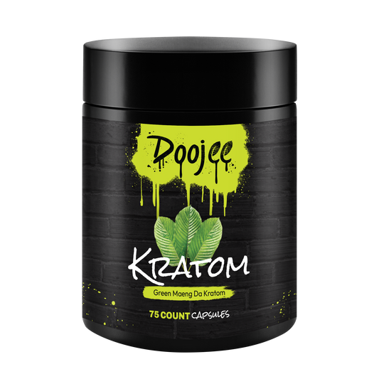 A black container with 'Kratom' and '75 count capsules' text, green splash, and leaf graphics.