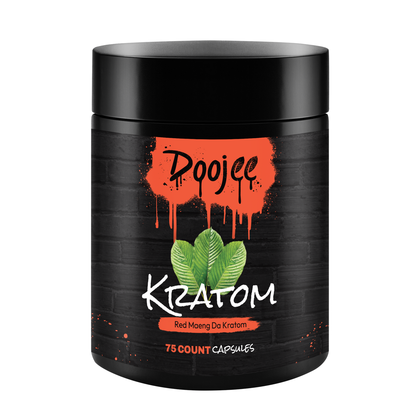 Black container of Doojee Kratom, Red Maeng Da, with 75 capsules.