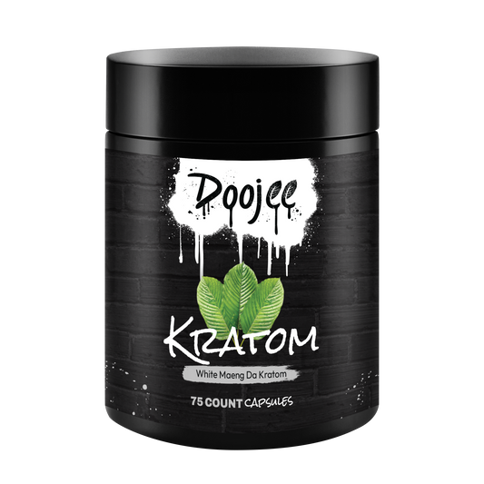 Black container labeled "Project Kratom, White Maeng Da Kratom, 75 count capsules" against a dark background.