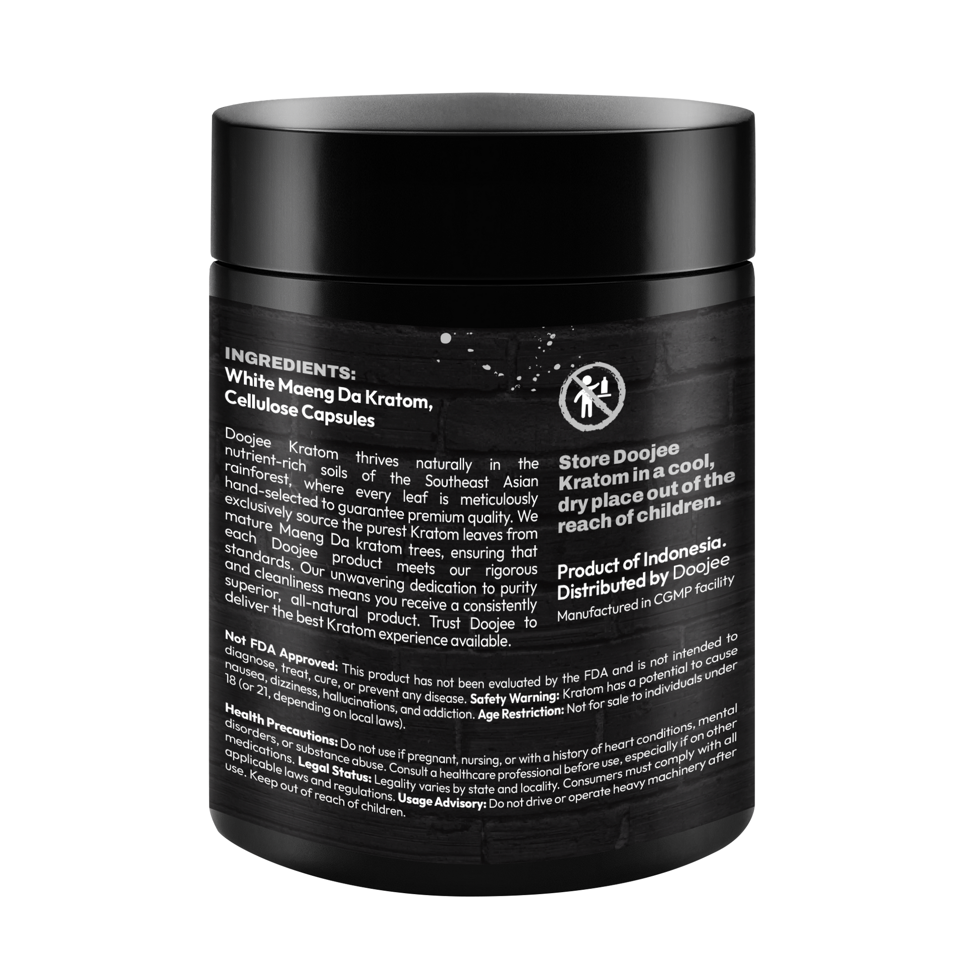 A image of a supplement container with text and warning labels.