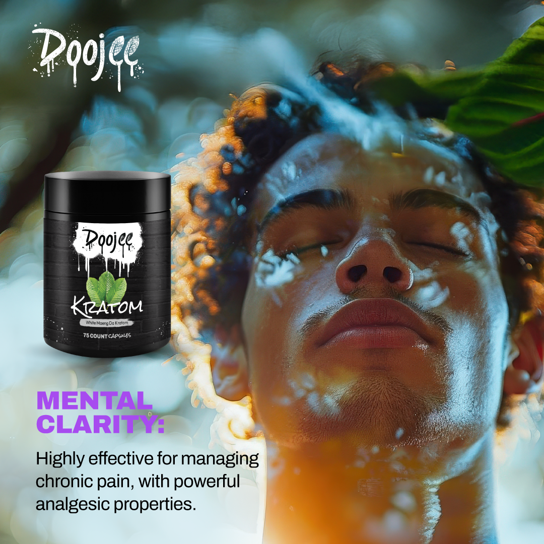 Doojee Kratom capsules with claims of mental clarity and pain management.