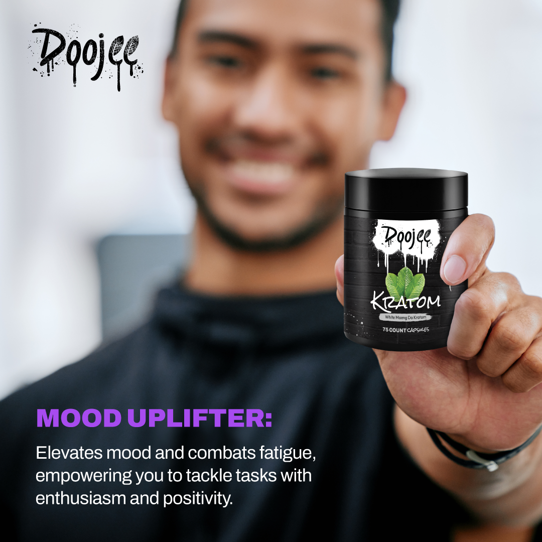 Person holding a jar of 'Doojee Kratom' capsules with text about mood uplifting benefits.