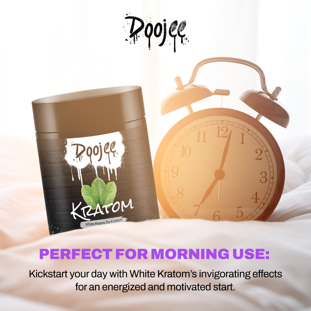 A container of Doojee Kratom next to an alarm clock with text about morning energy.