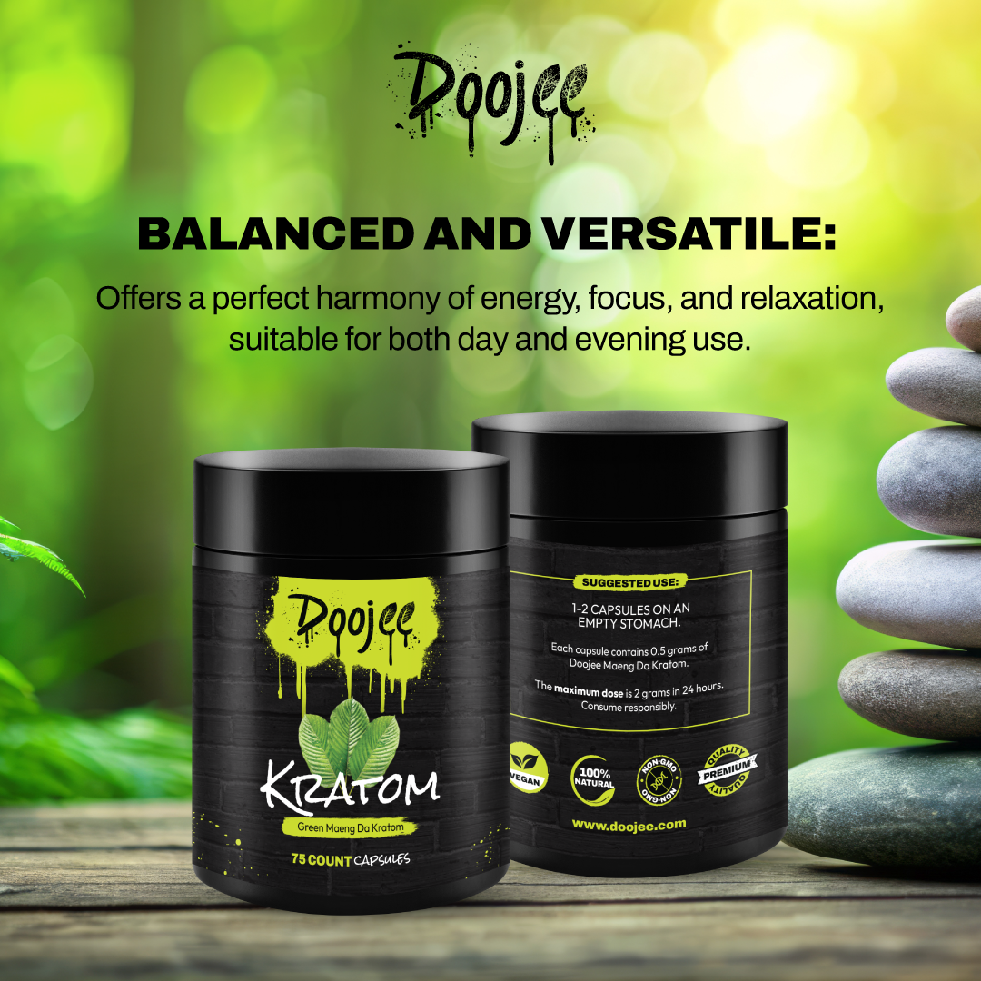 Two bottles of Dojoee Kratom capsules against a green background with leaves and pebbles.