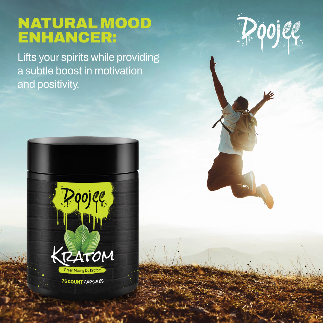 Ad promoting "Doojee Kratom," with a joyful person jumping in the air next to the product.