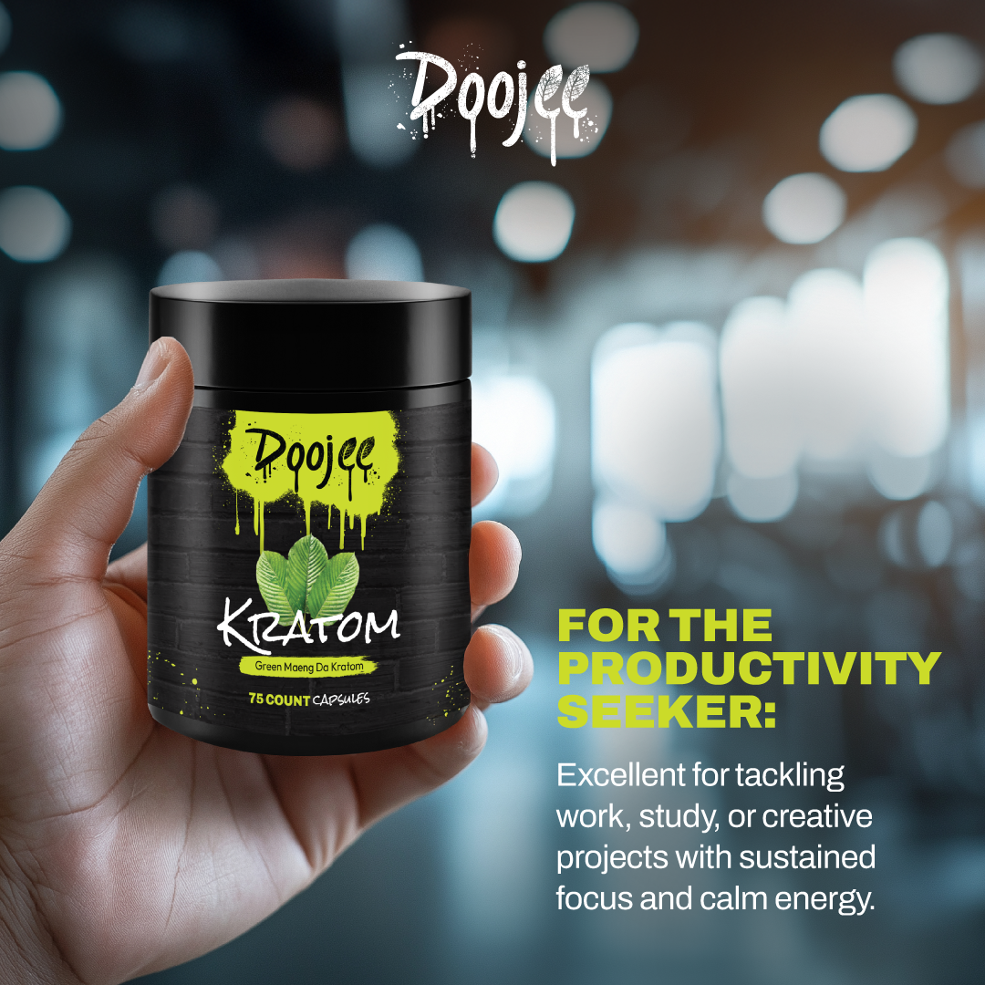 A hand holds a black container of Doojee Kratom capsules, labeled for productivity, emphasizing energy.