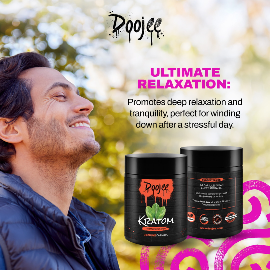 Doojee Kratom capsules, promoting relaxation with nature backdrop.