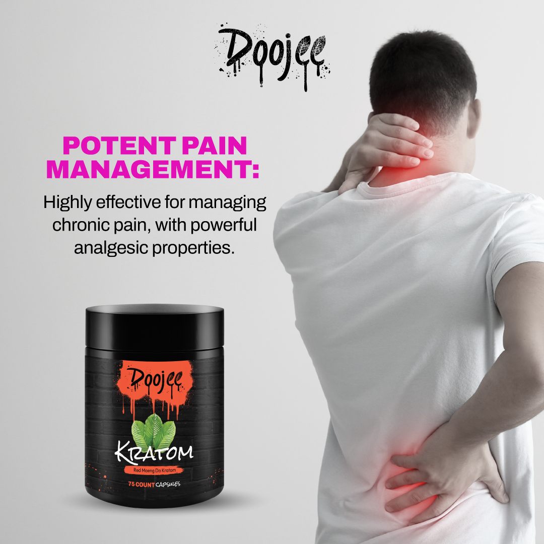 Man holding neck and back in pain beside pain management product advertisement.