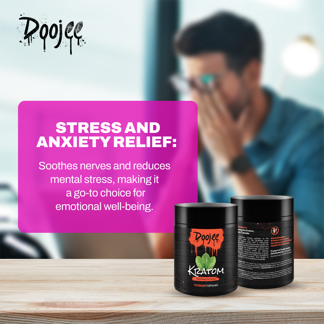 Advertisement for "Doojee Kratom" capsules claiming stress and anxiety relief with product bottles on a table.