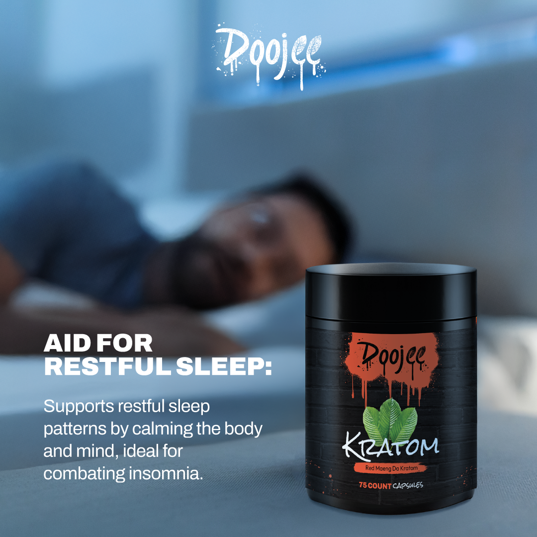 Man sleeping in background with a focus on a container of 'Doojee Kratom' for sleep aid.