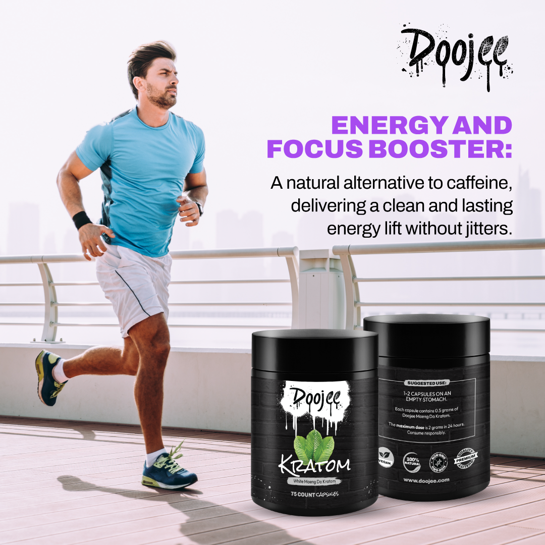 Man in sportswear running by a supplement for "Doojee Kratom" as an energy and focus booster.