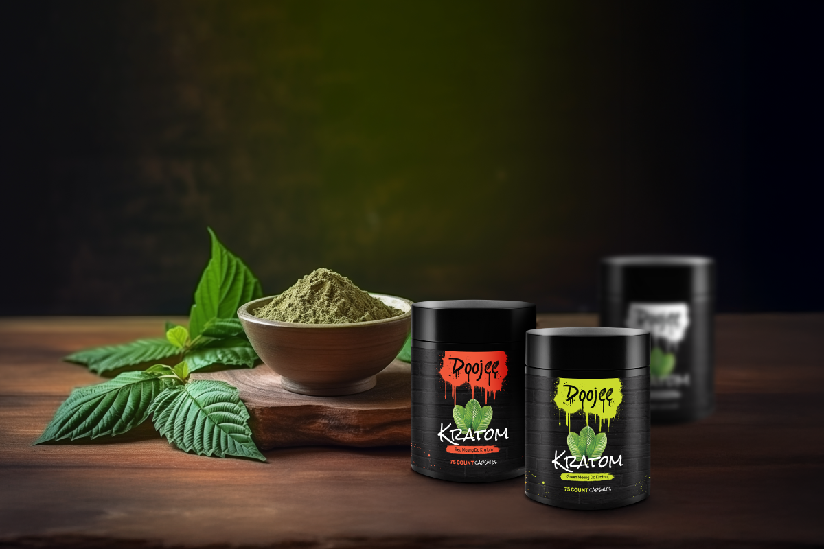 Kratom powder in a bowl with leaves beside, and branded bottles on a wooden surface.