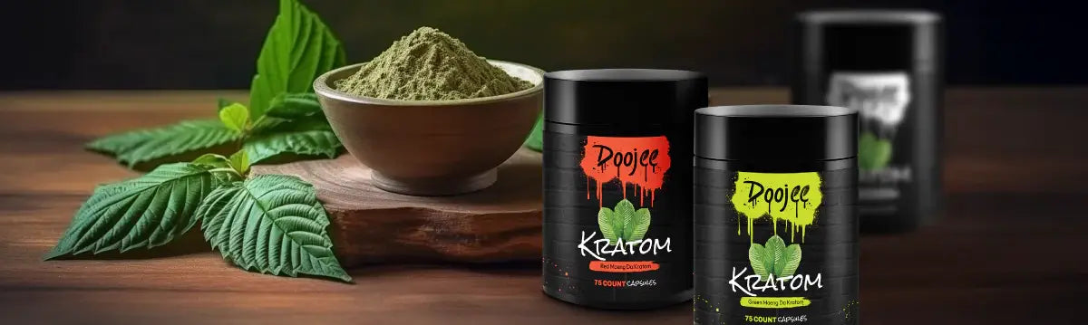 Kratom powder in a bowl with leaves, and two Kratom product containers on a wooden surface.