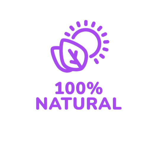 Graphic with purple text "100% NATURAL" and leaf design.