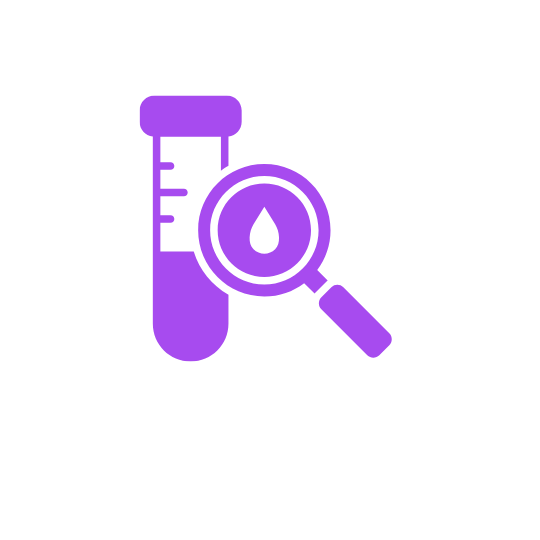 A purple lab flask with a magnifying glass, symbolizing scientific research, on a White background.