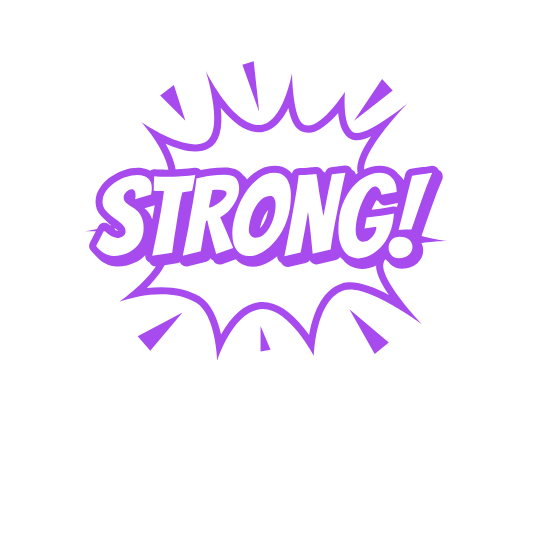 Graffiti-style text saying "STRONG!" in purple on a White background.