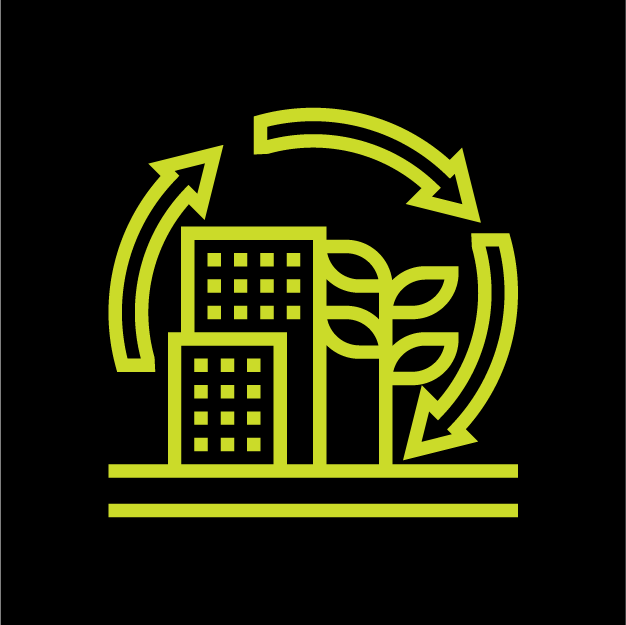 Icon depicting sustainable urban development with buildings and leafy plant, encircled by recycling arrows.