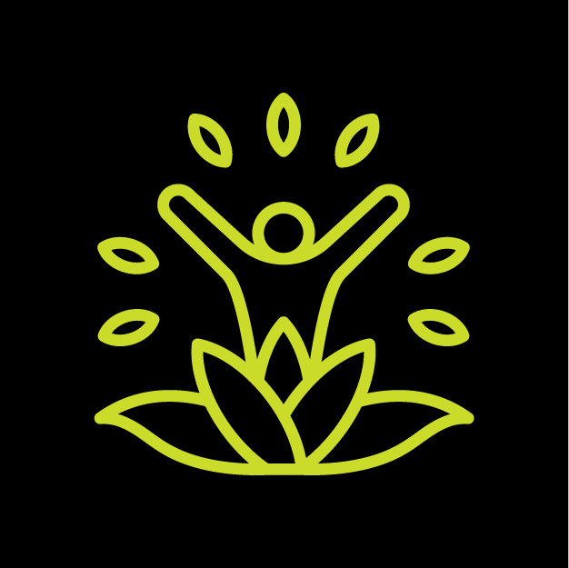 A neon green line art of a person with arms raised, surrounded by dots above a lotus flower, on a black background.