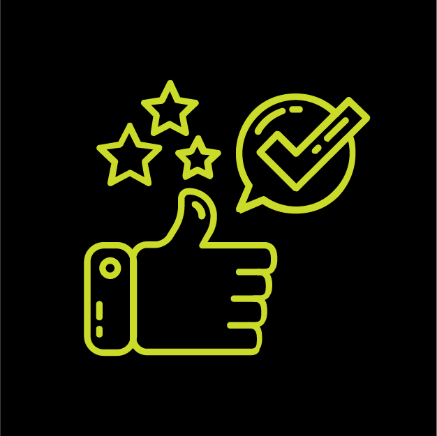 Icon of a thumbs-up with stars and a check mark, suggesting positive feedback or approval.